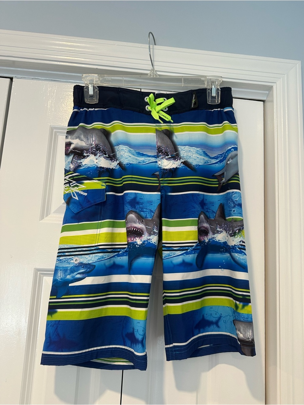 ZeroXposur Boys Blue and Neon Green Shark Swim Shorts